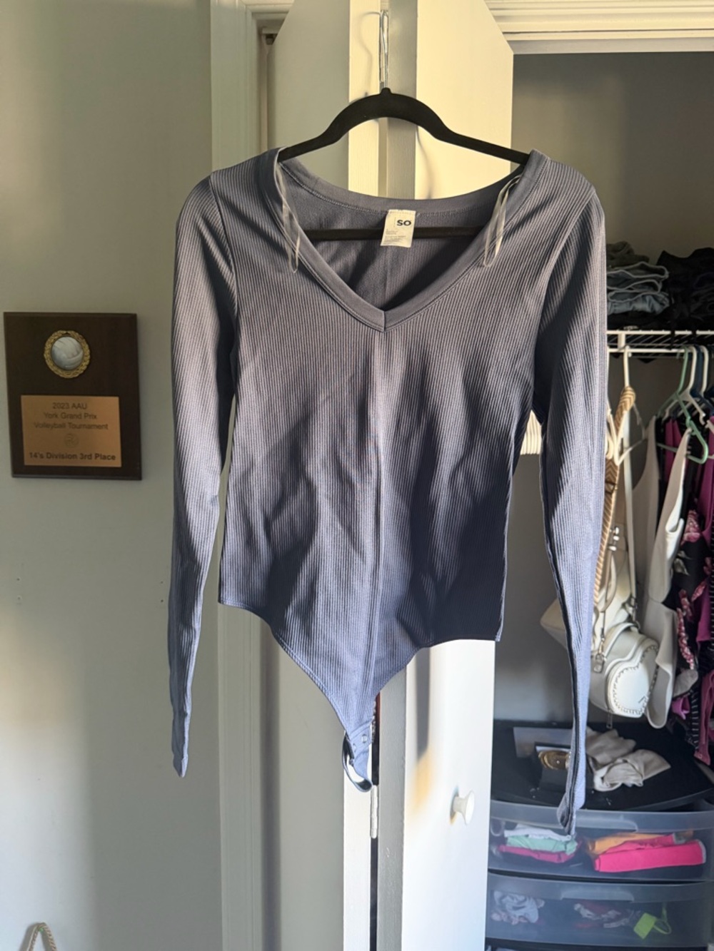 SO Ribbed V-Neck Long Sleeve Bodysuit - Dusty Blue